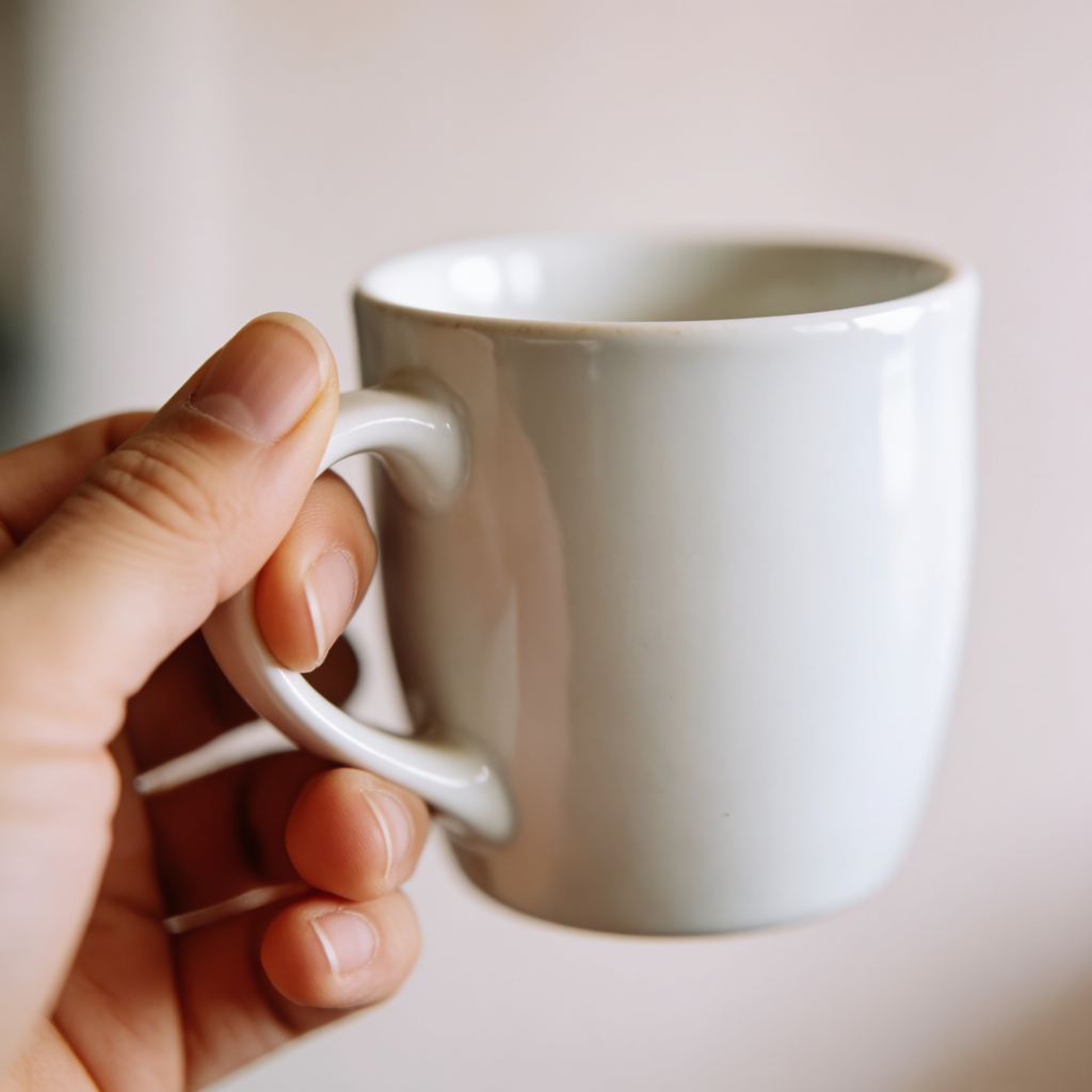A person holding a white ceramic coffee mug by the handle wi