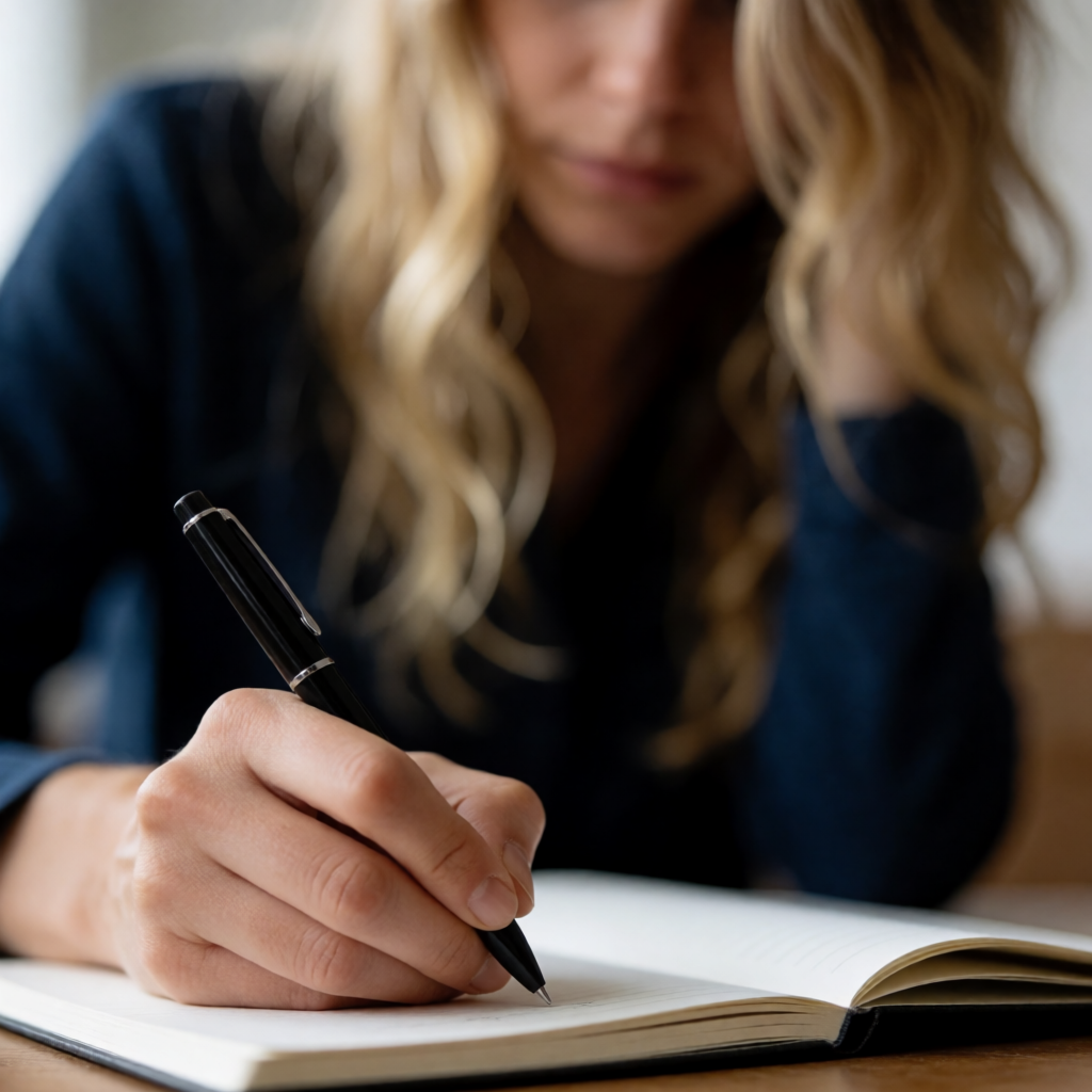 A woman writing in a notebook with a pen gripped correctly i