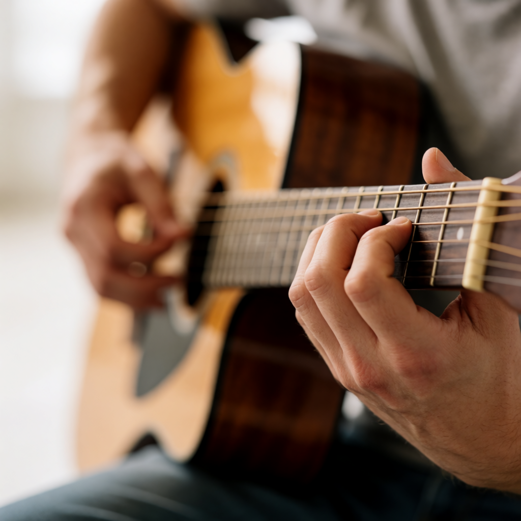 A person playing an acoustic guitar with left hand on the fr