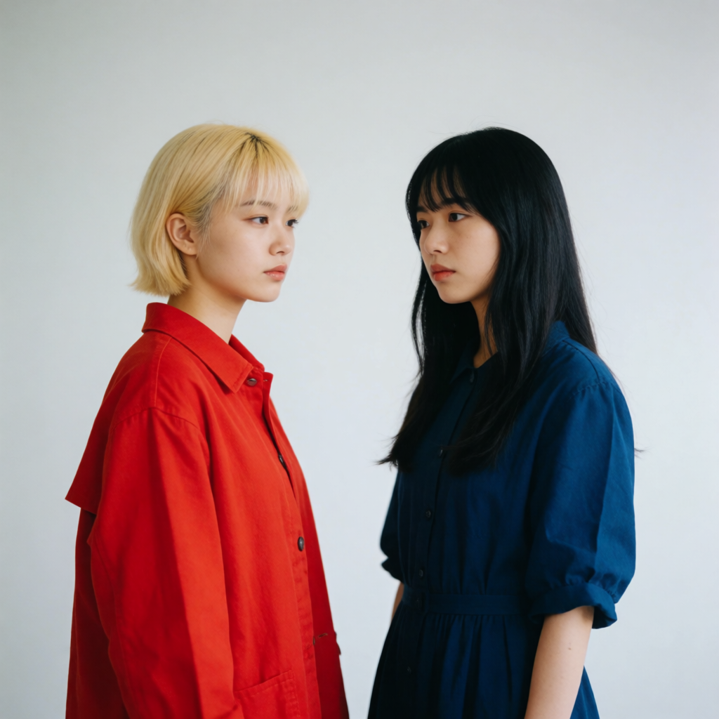 Two women standing side by side: one with short blonde hair 