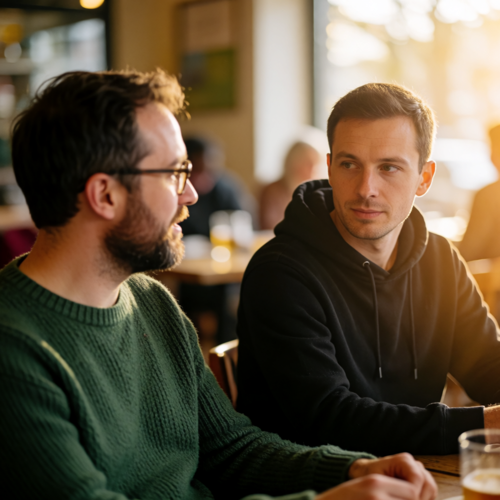 Two men at a cafe: one with a beard and glasses wearing a gr