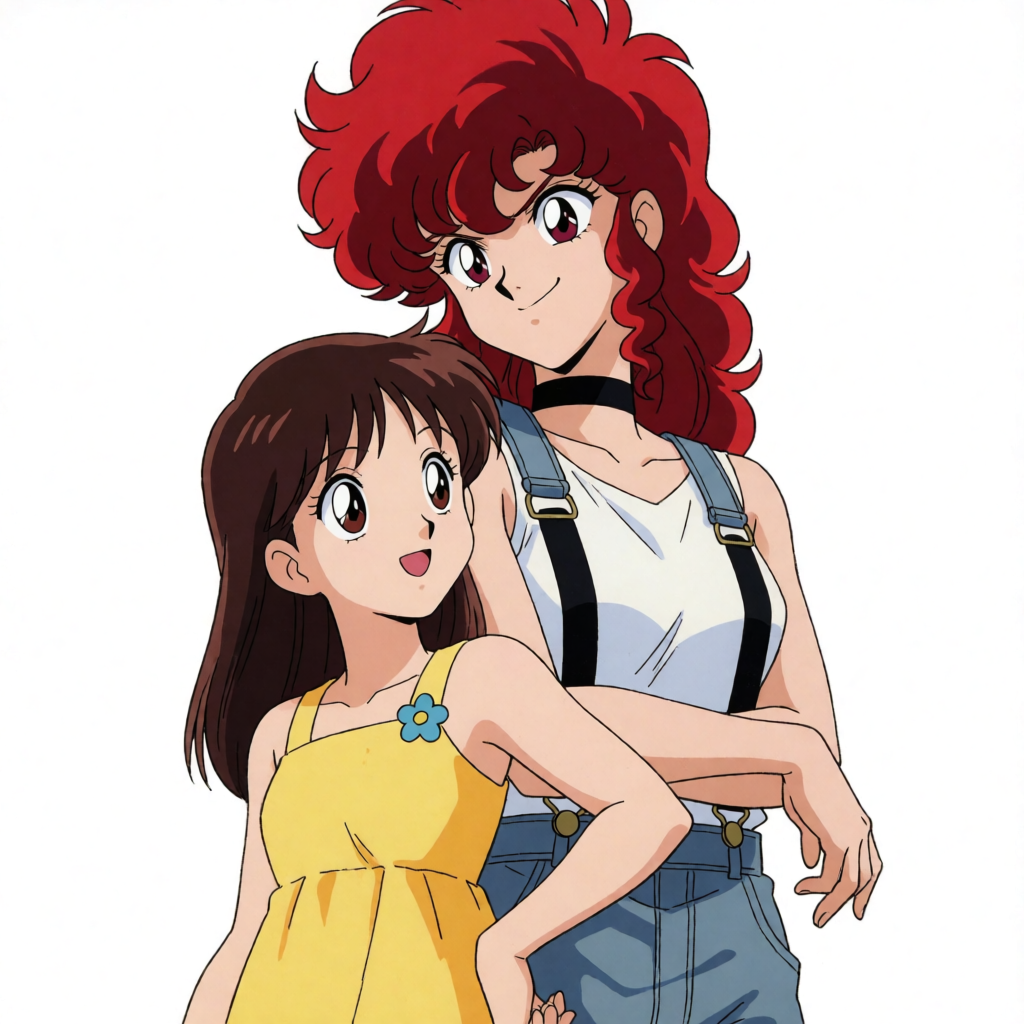 Two friends posing: one tall with curly red hair in denim ov