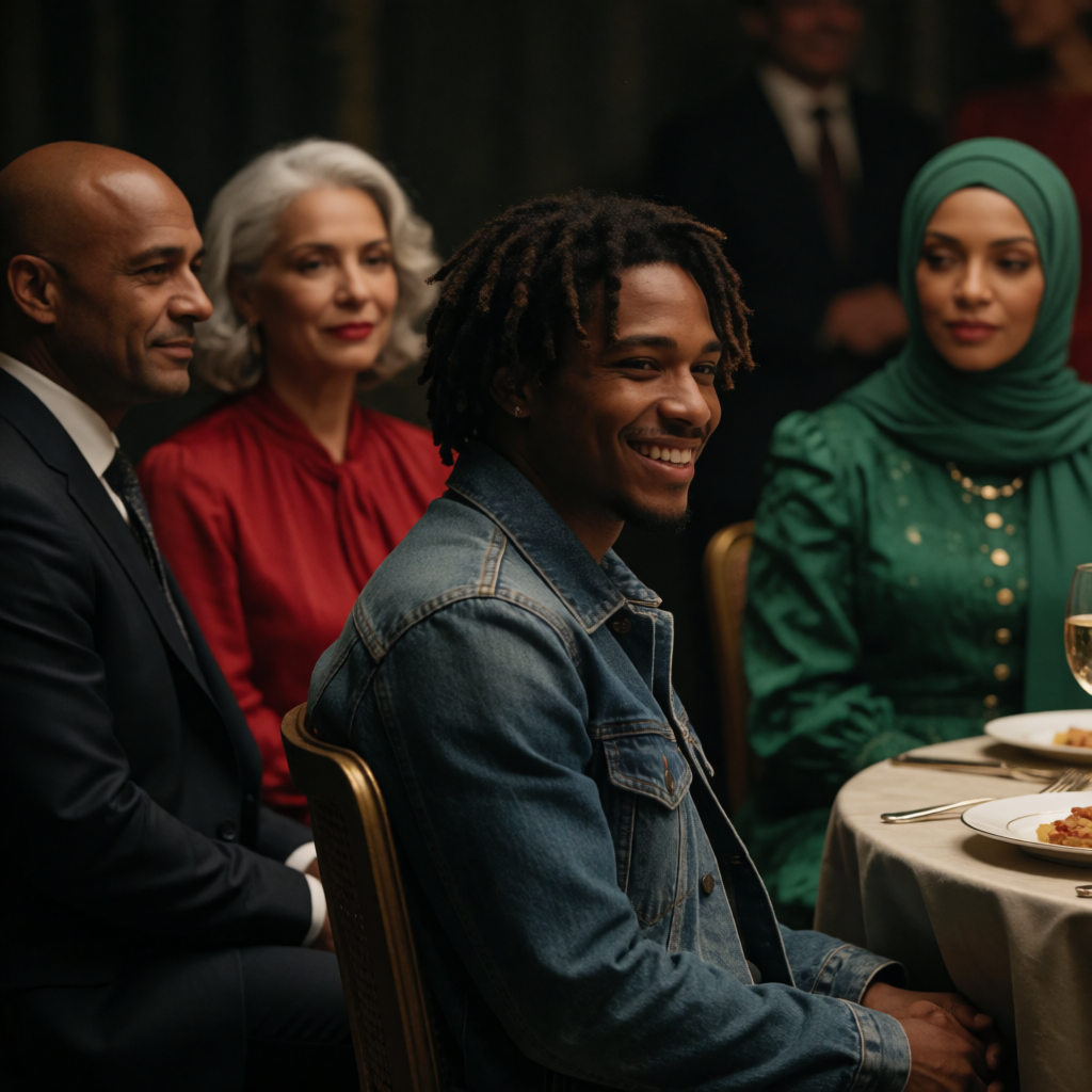 Four people at a dinner table: a bald man in a suit, a woman