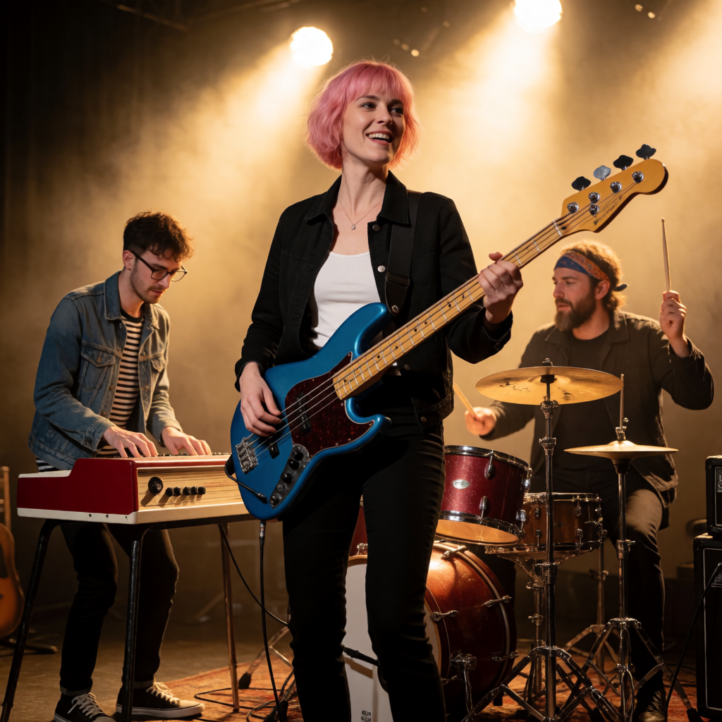 Three musicians on stage: a tall woman with short pink hair 