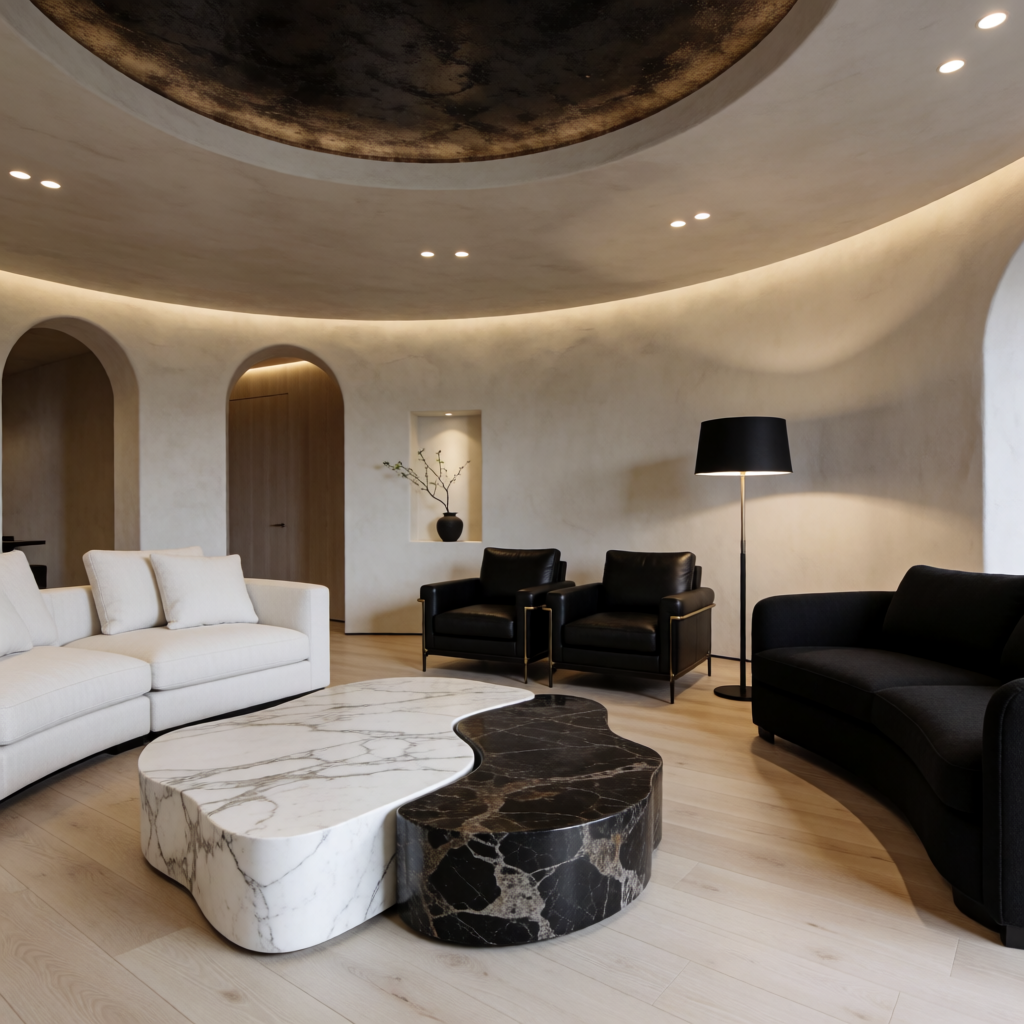 A wide-angle shot of a modern living room interior showing e