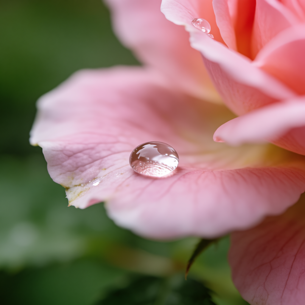 A close-up macro shot of a single dewdrop on a rose petal, s
