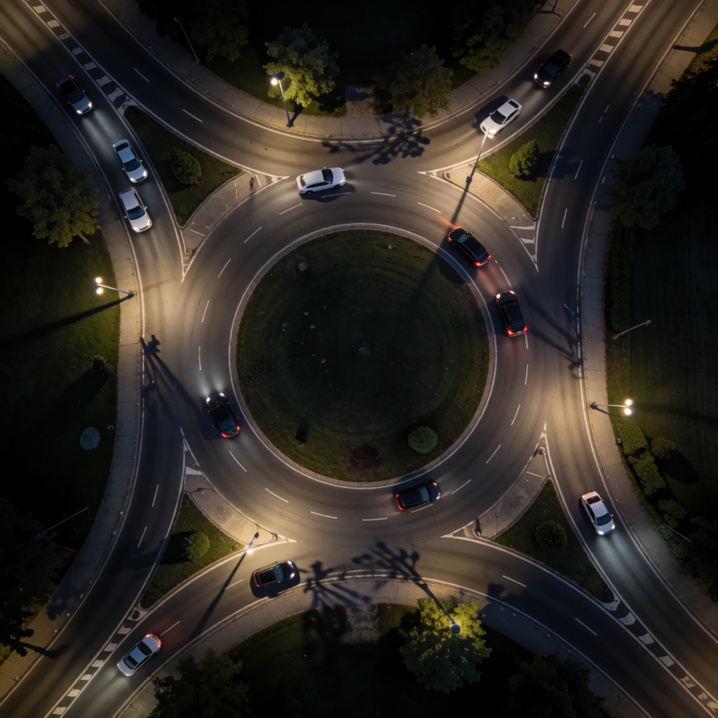 An aerial bird's-eye view looking straight down at a traffic