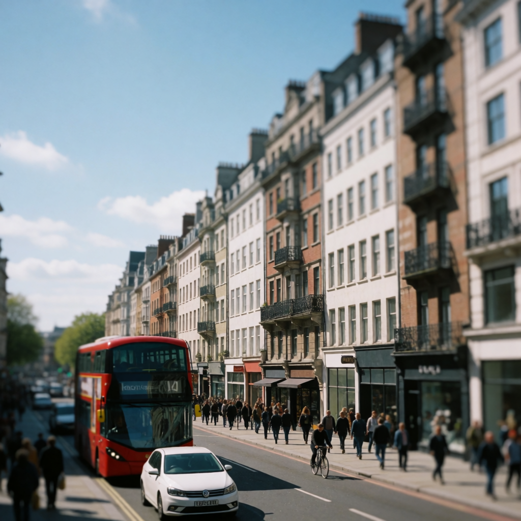 A tilt-shift photograph of a city street making real-life lo