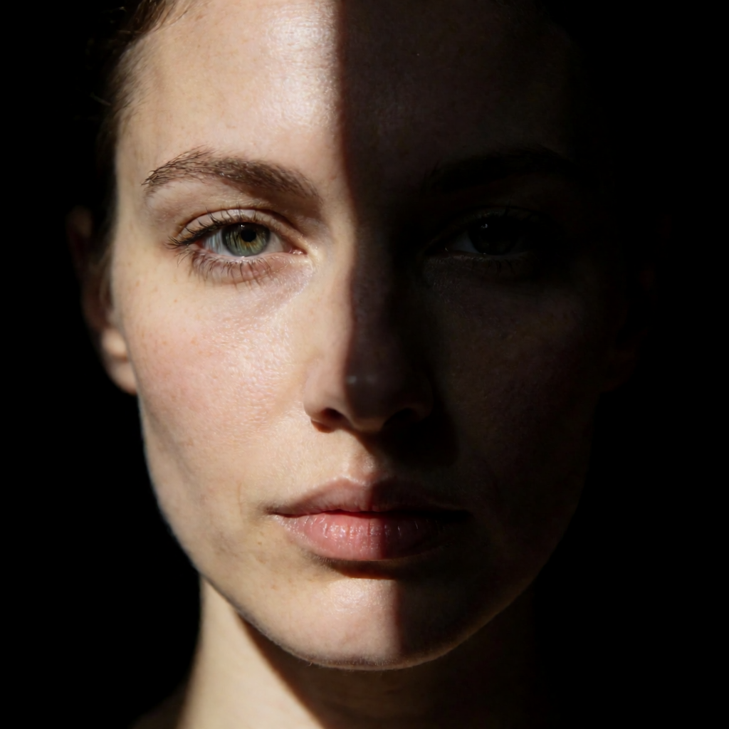 A portrait with dramatic split lighting — half the face brig