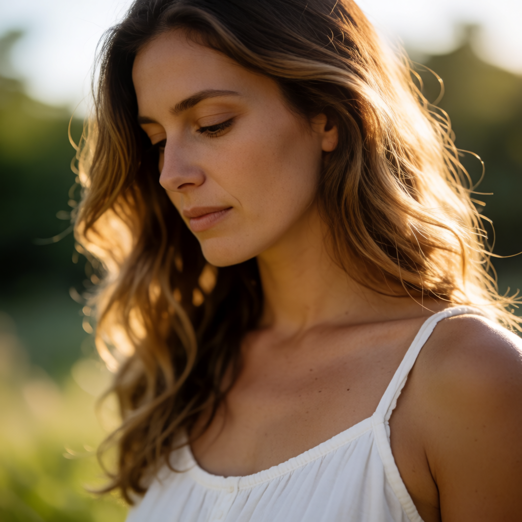 A portrait shot at 85mm f/1.4 with creamy bokeh background, 