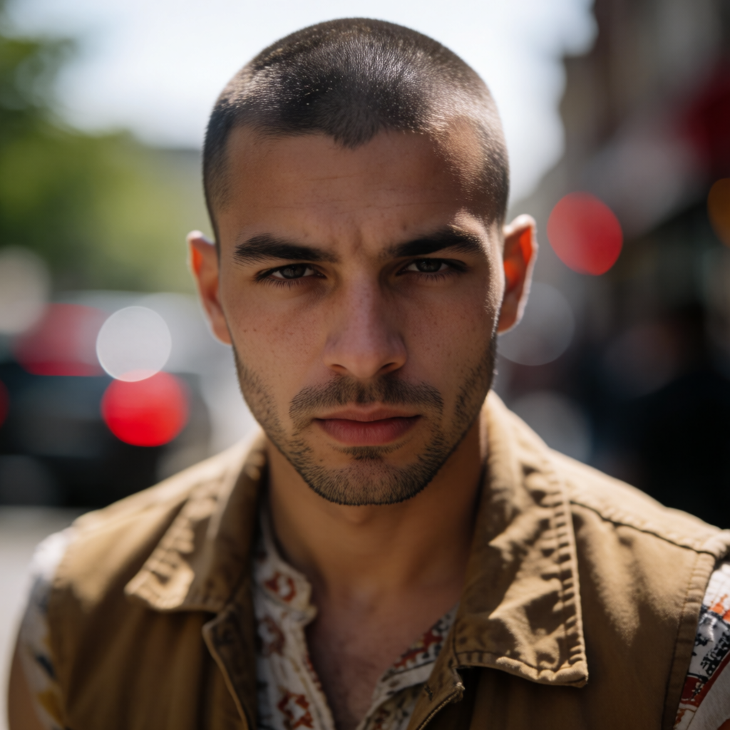 A street photograph with shallow depth of field as if shot a