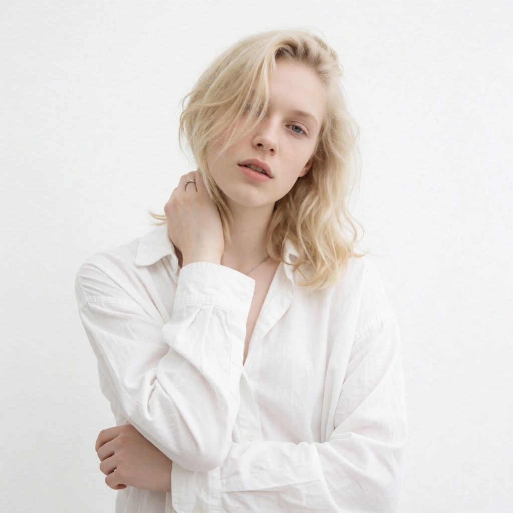 A high-key portrait of a person against a bright white backg