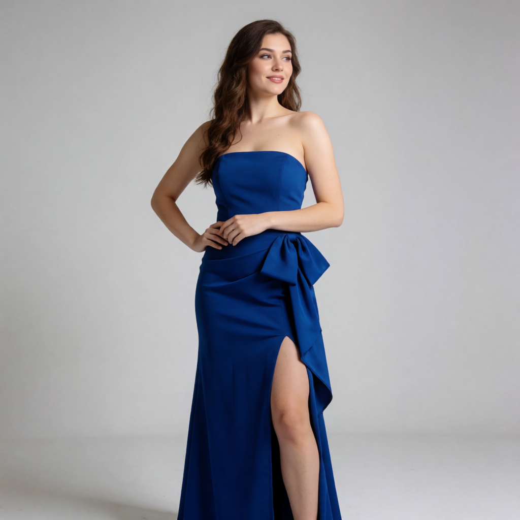 A woman wearing a royal blue evening dress against a neutral