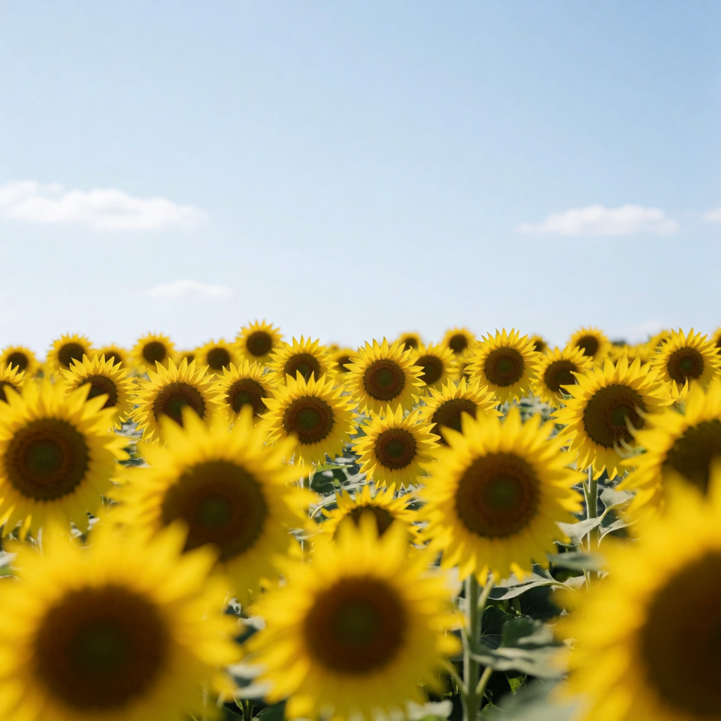 A field of pure sunflower yellow flowers under a clear blue 