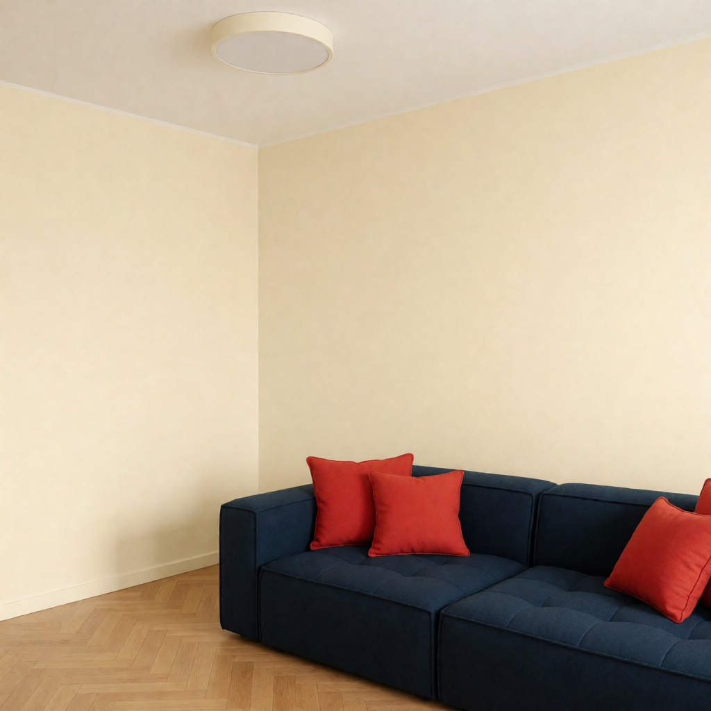 A minimalist room with walls in #F5E6CC (warm cream), a sofa