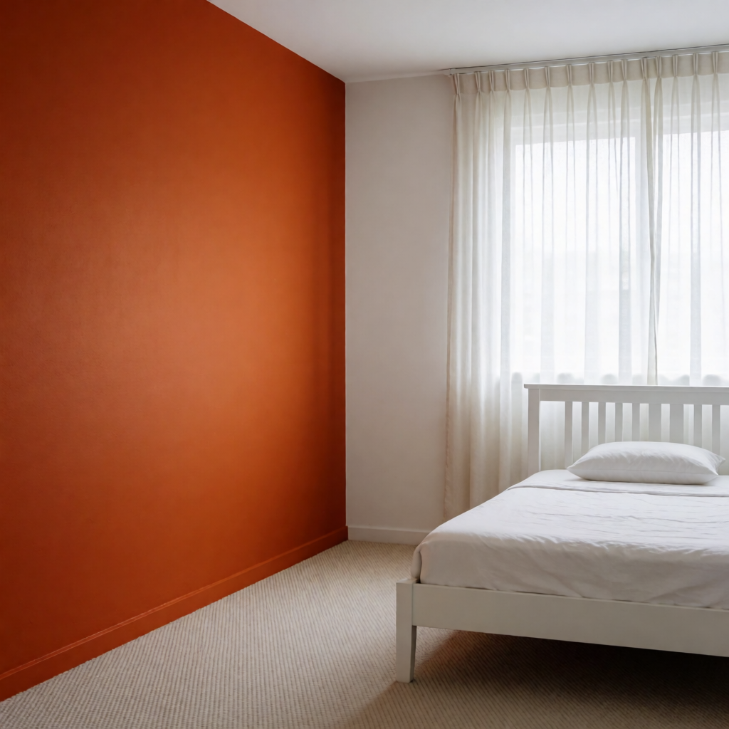 A bedroom wall painted in #FF6B35 (burnt orange) with white 