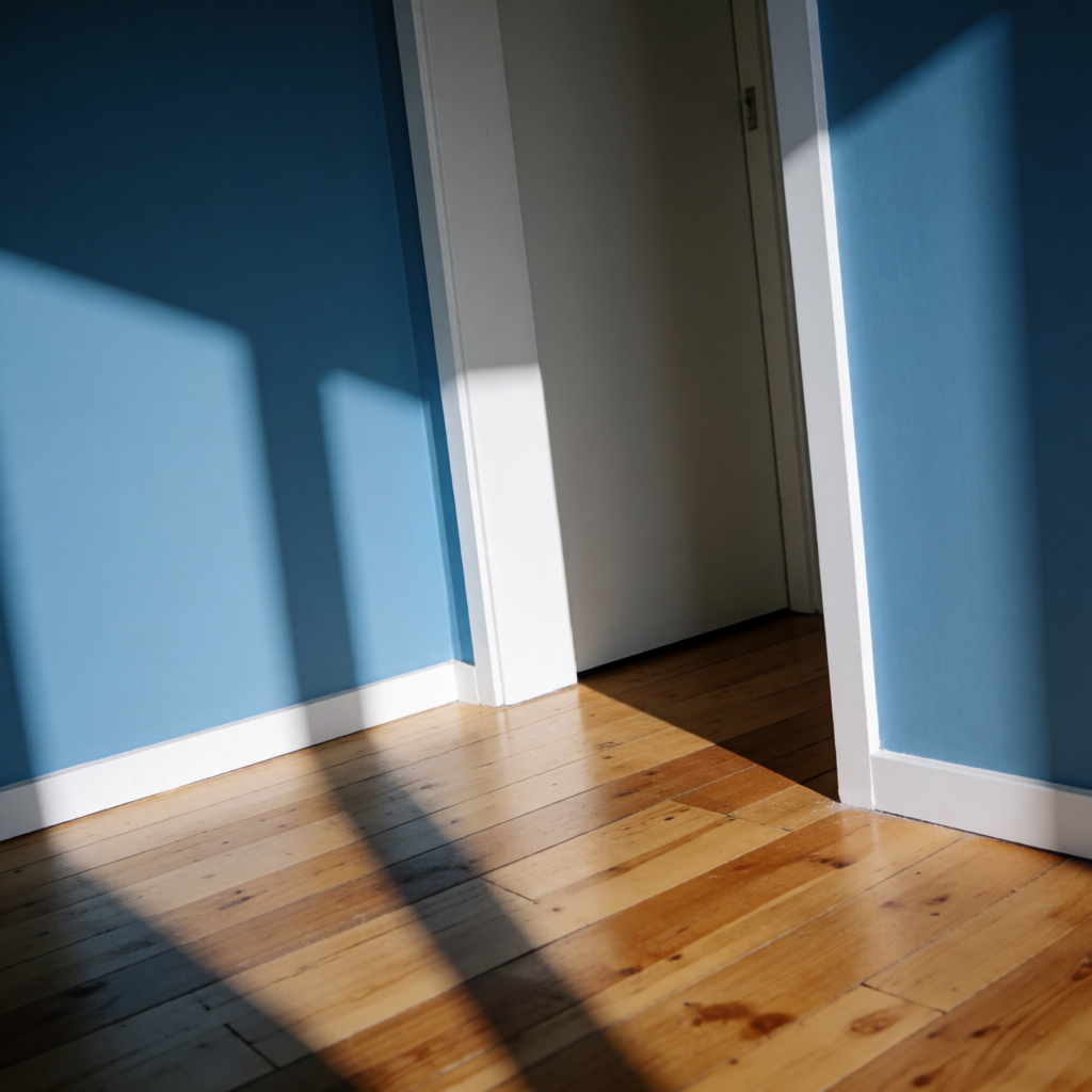 A room with walls in #4A90D9 (medium blue) with warm wooden 