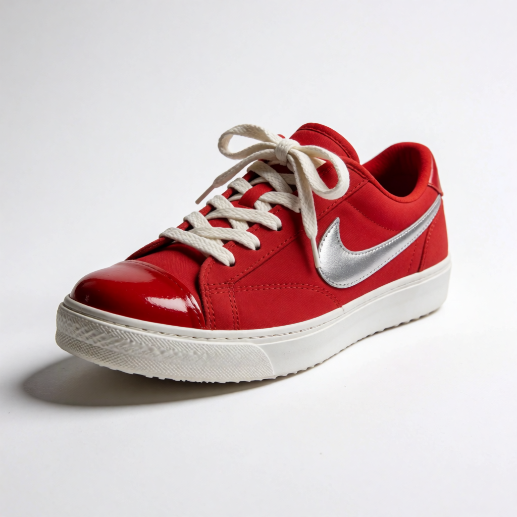A single red sneaker on a clean white background with soft s