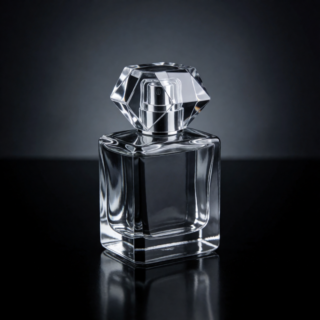 A clear glass perfume bottle on a reflective black surface w