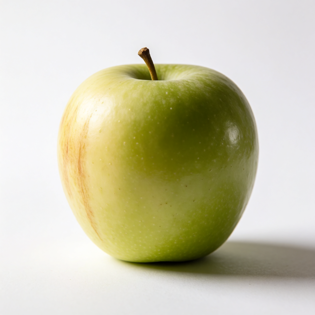 A ripe green apple on a seamless white background with soft 