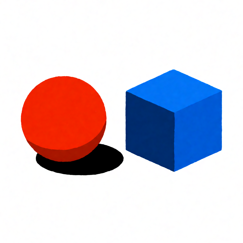 A red ball and a blue cube sitting side by side on a white s