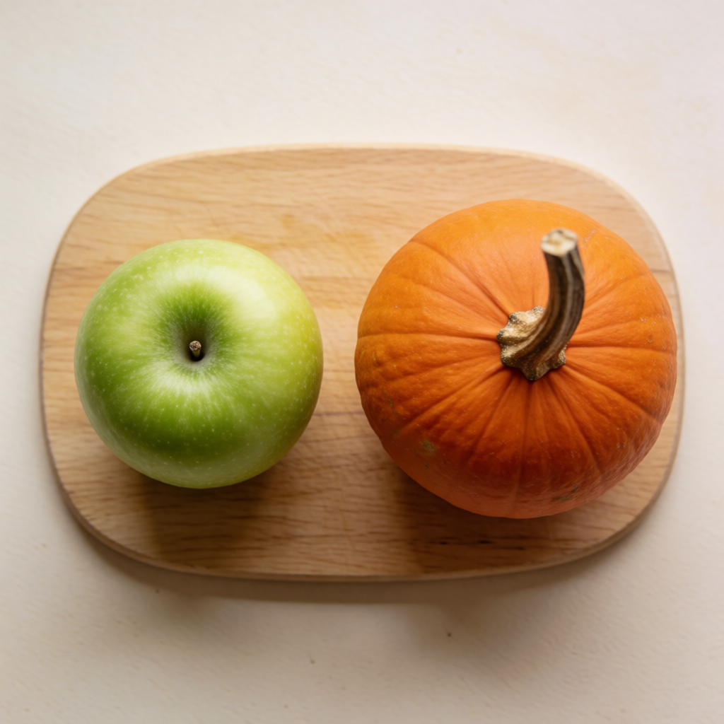 A green apple and an orange pumpkin on a wooden cutting boar
