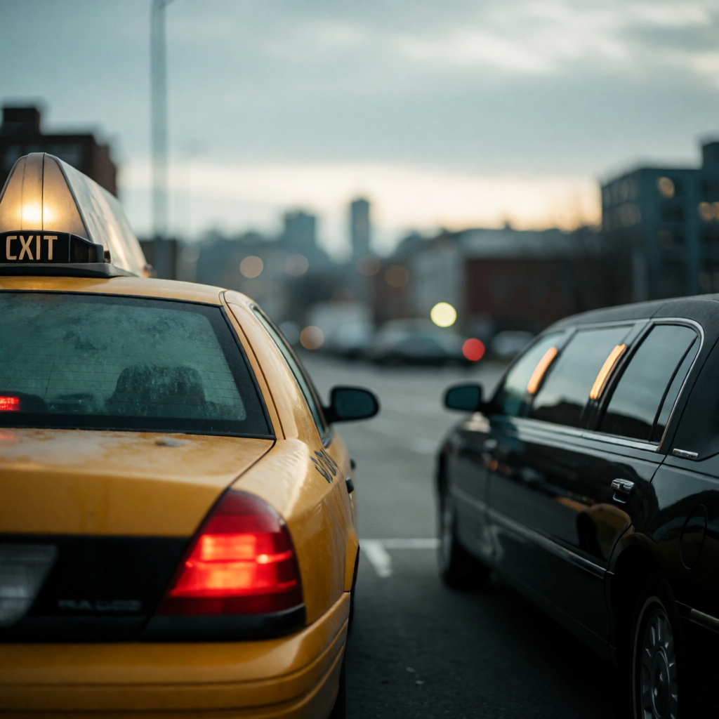 A yellow taxi and a black limousine parked next to each othe