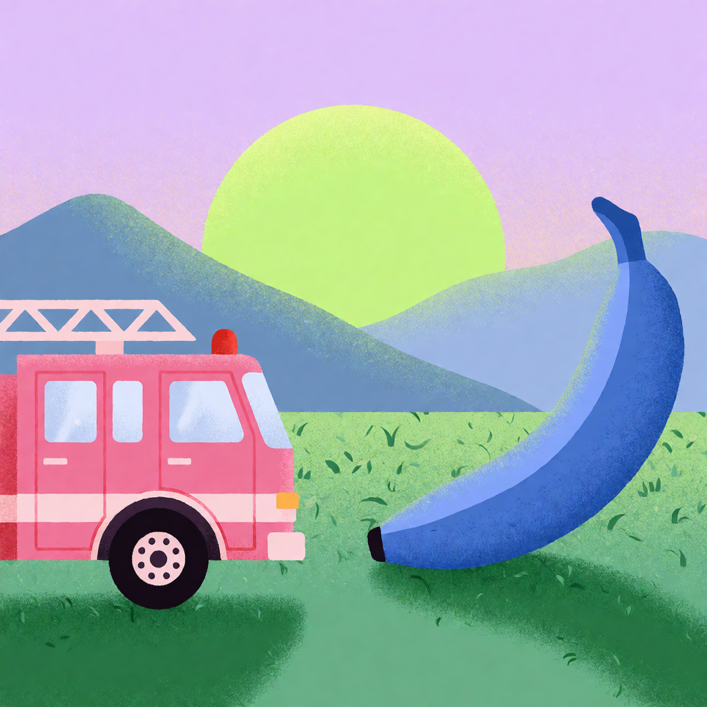 A pink fire truck, a blue banana, and a green sun in a surre