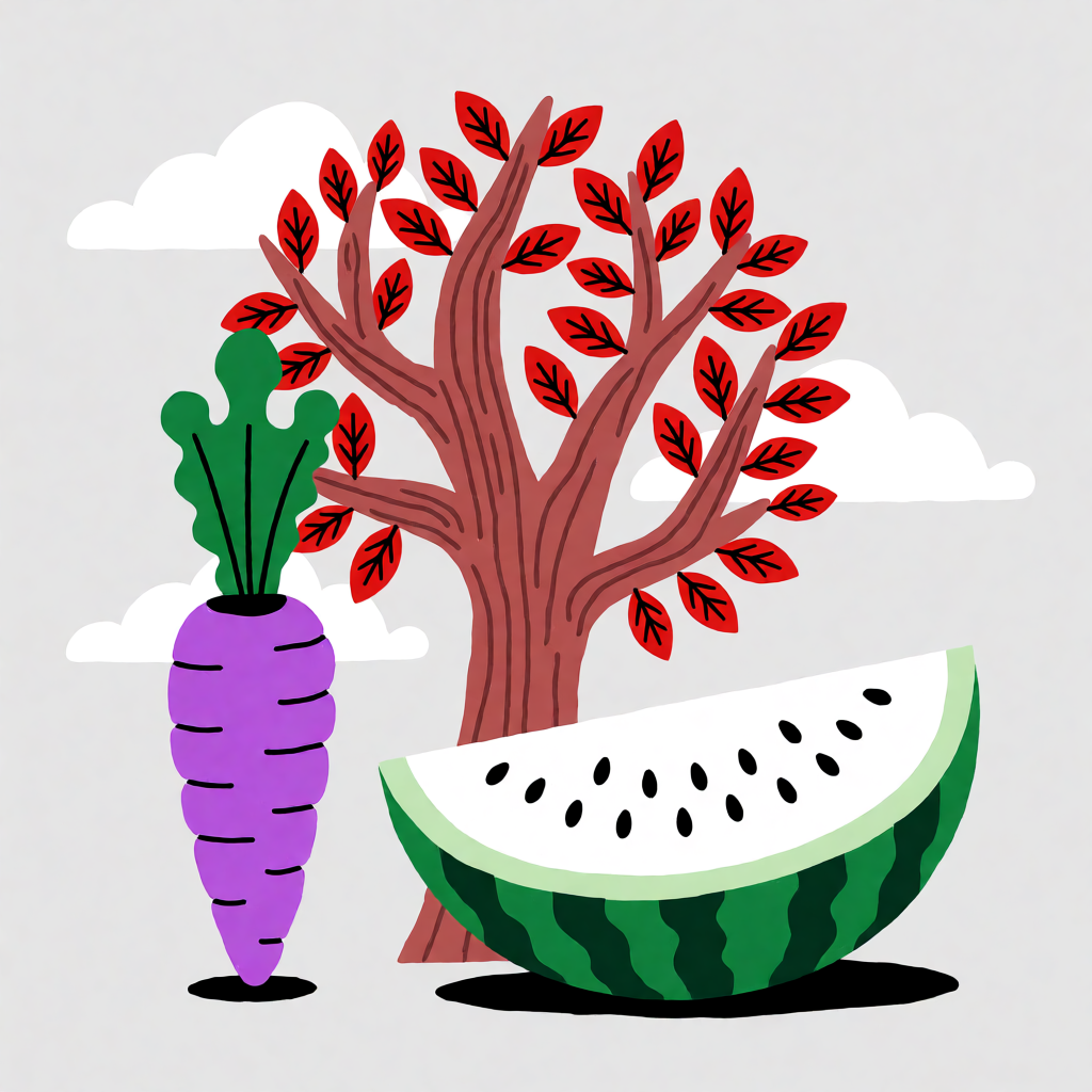 A purple carrot, a red tree with red leaves, and a white wat
