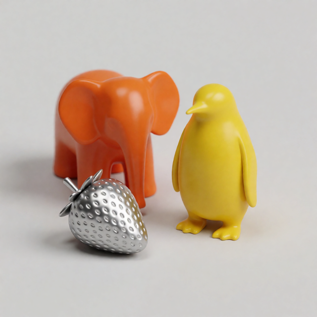 An orange elephant, a yellow penguin, and a silver strawberr