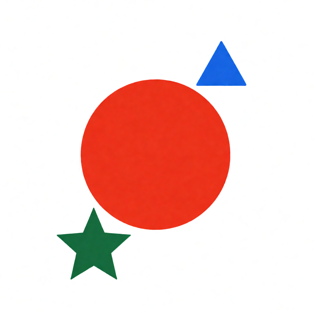 A large red circle, a small blue triangle, and a medium gree