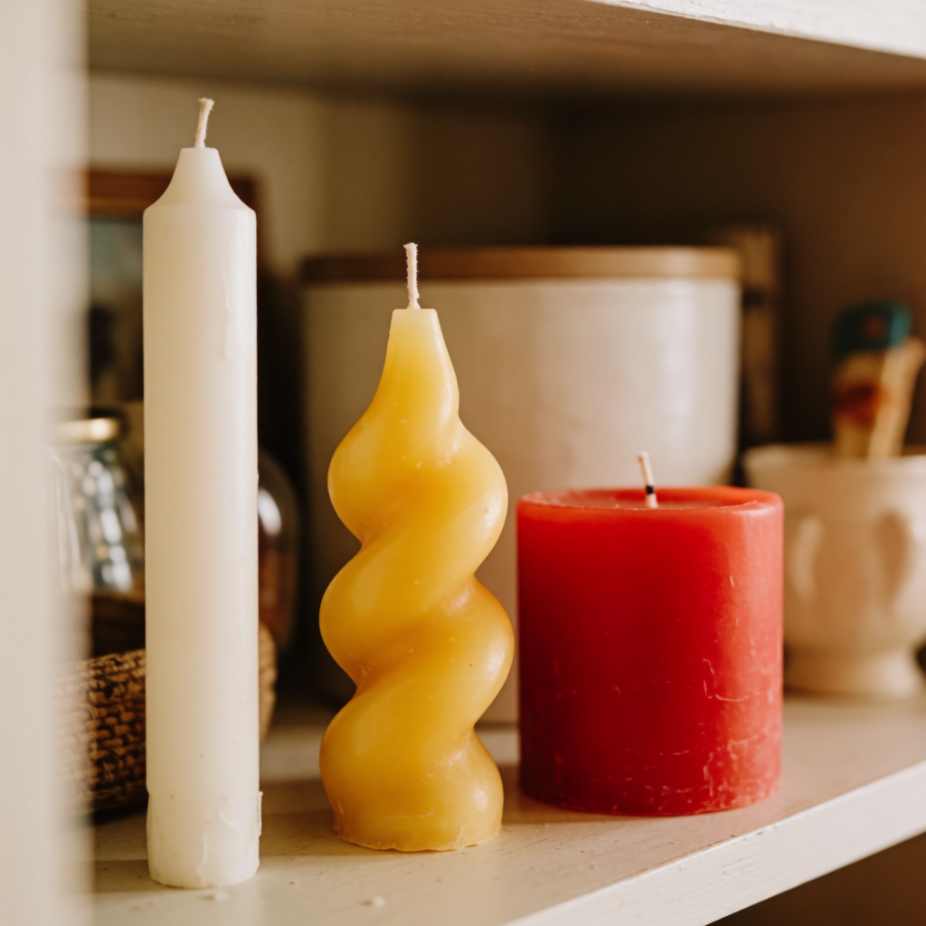 A tall thin white candle, a short fat red candle, and a medi