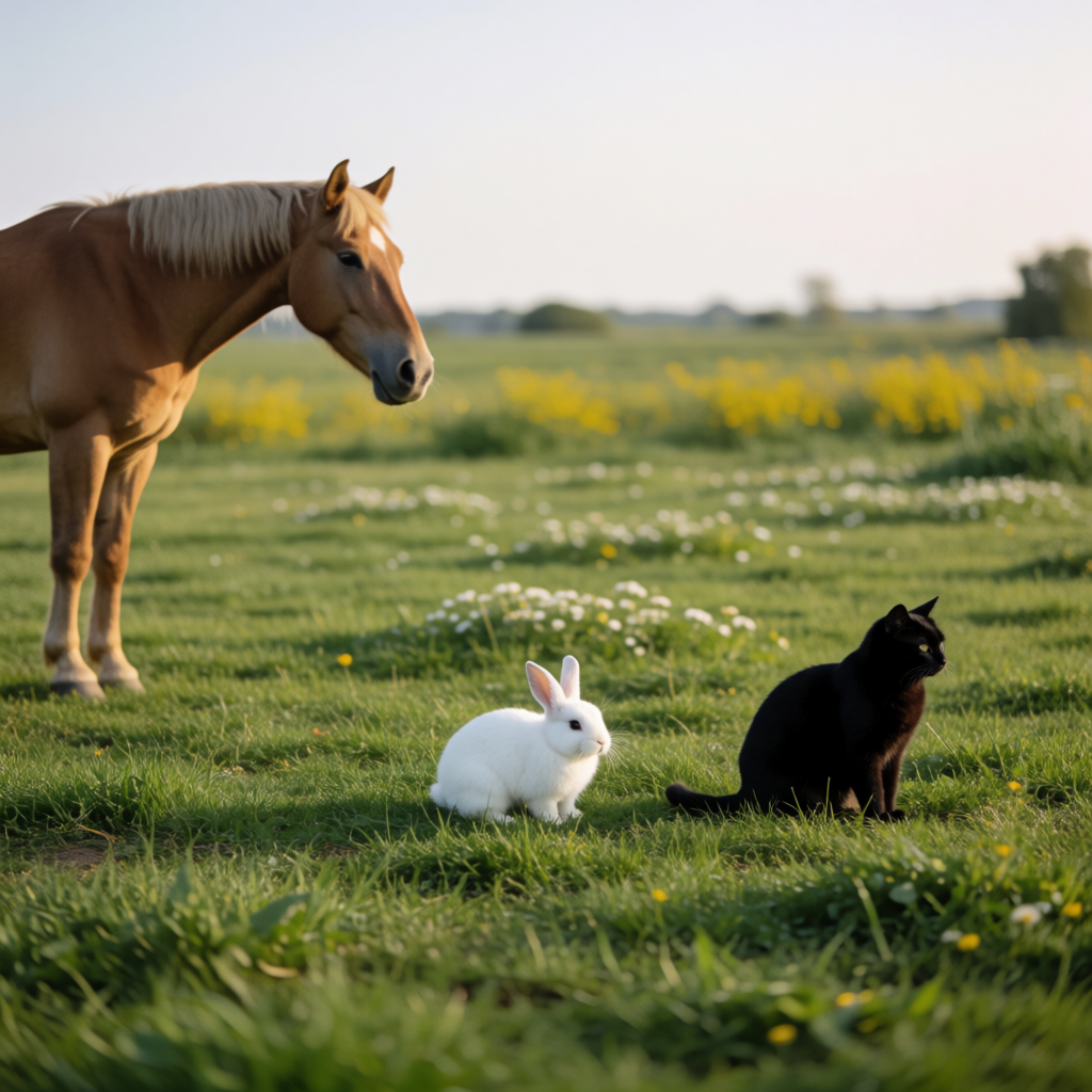 A big brown horse, a small white rabbit, and a medium-sized 