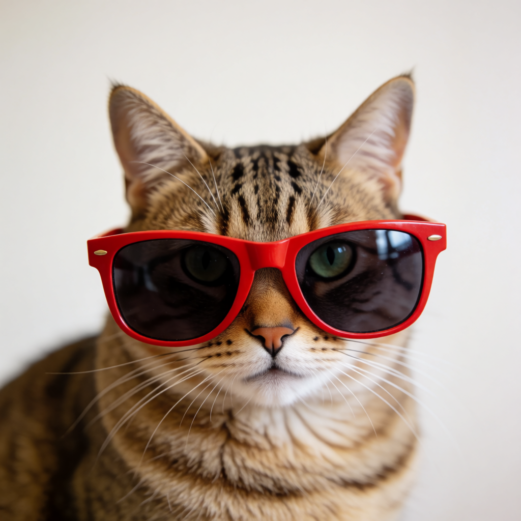 A tabby cat wearing oversized red sunglasses