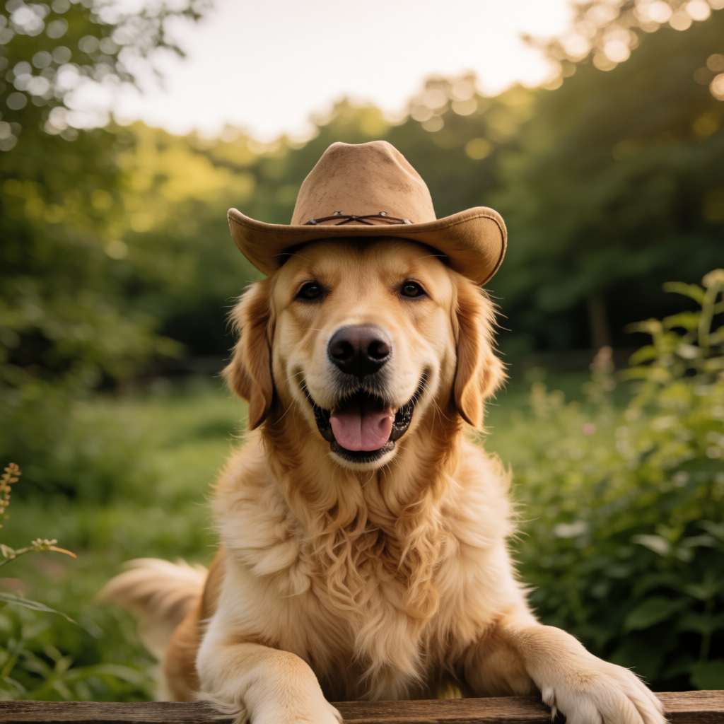 A golden retriever wearing a tiny cowboy hat