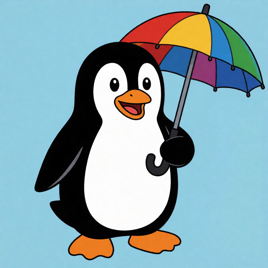 A penguin holding a colorful umbrella