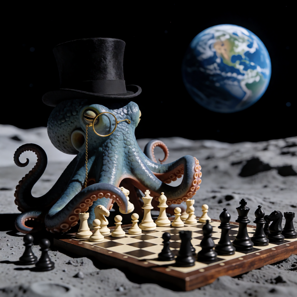 An octopus wearing a top hat and monocle playing chess on th