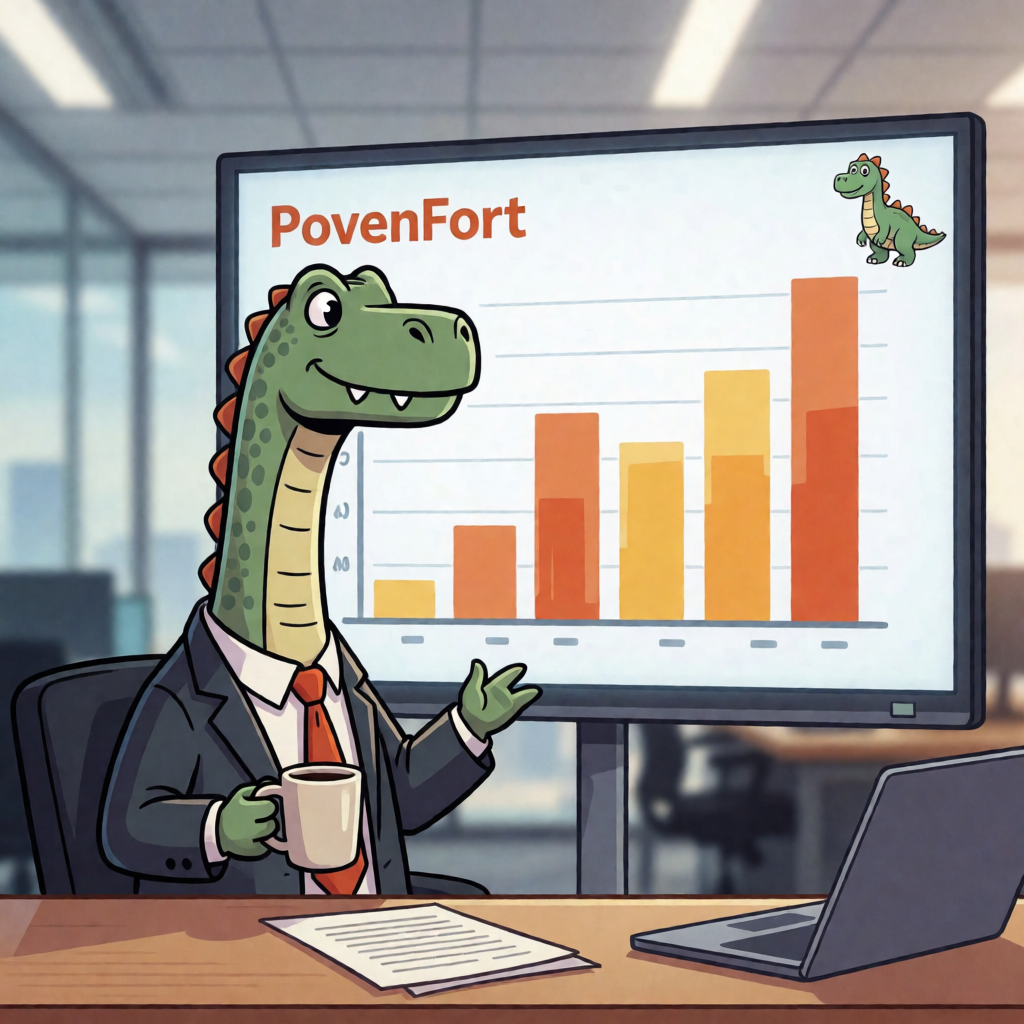A dinosaur in a business suit giving a PowerPoint presentati