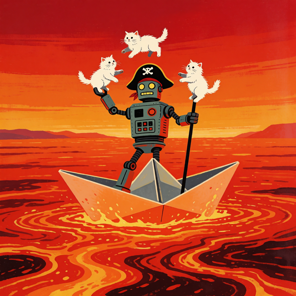 A robot dressed as a pirate sailing a paper boat on a lake o