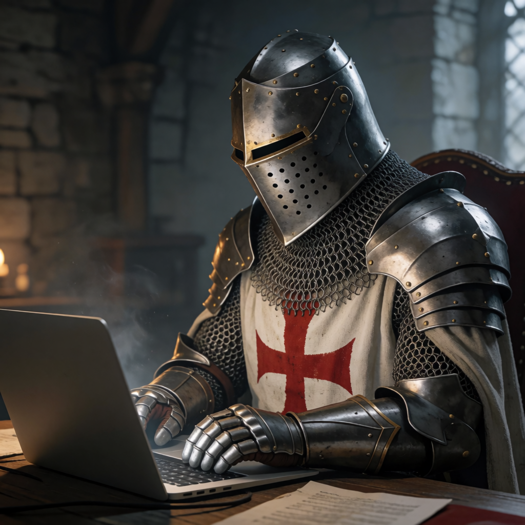 A medieval knight in full armor sitting at a desk typing on 