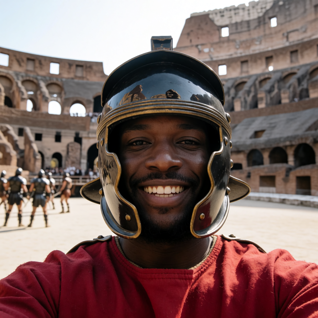 A Roman gladiator taking a selfie with a smartphone in the C