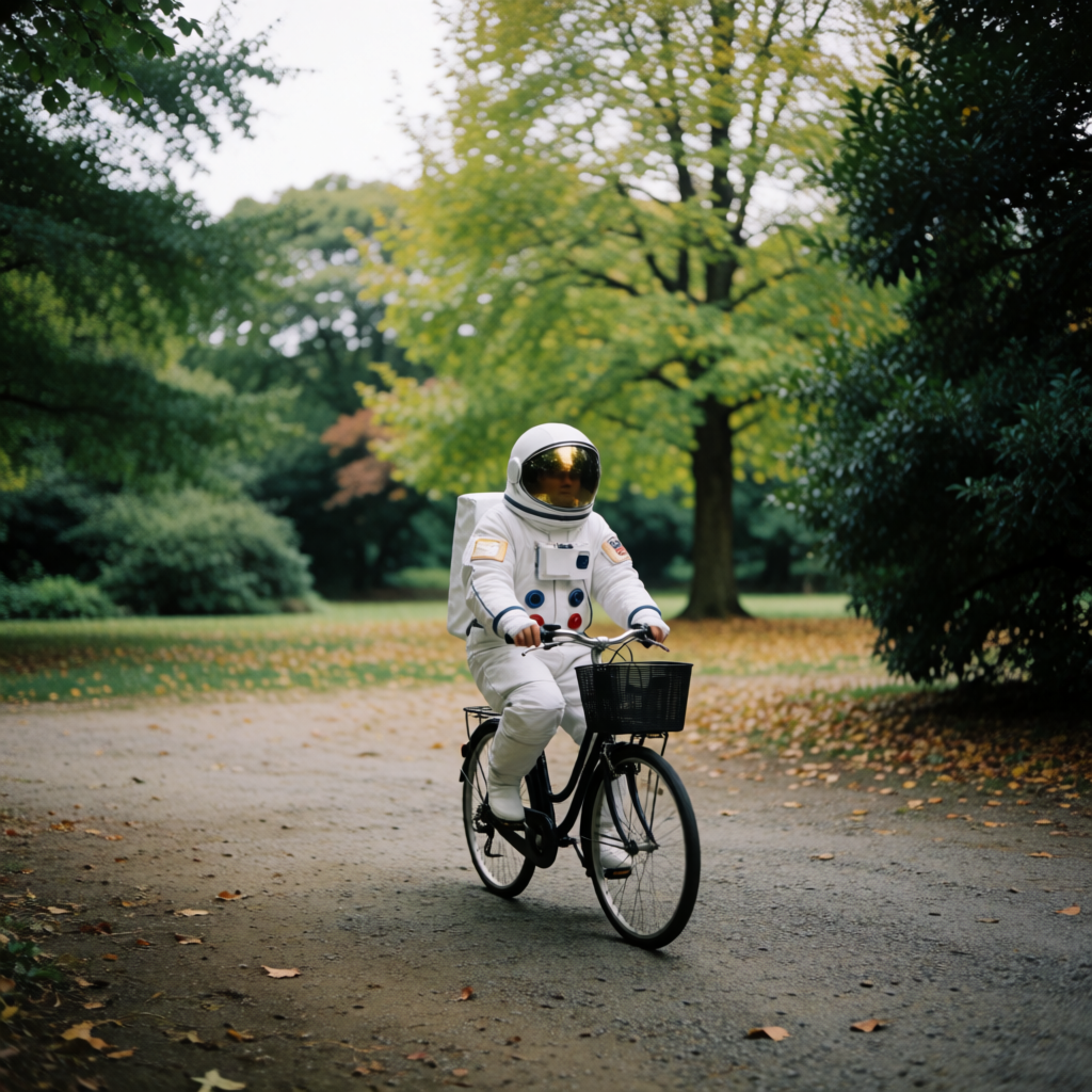 An astronaut in a spacesuit riding a bicycle through a park