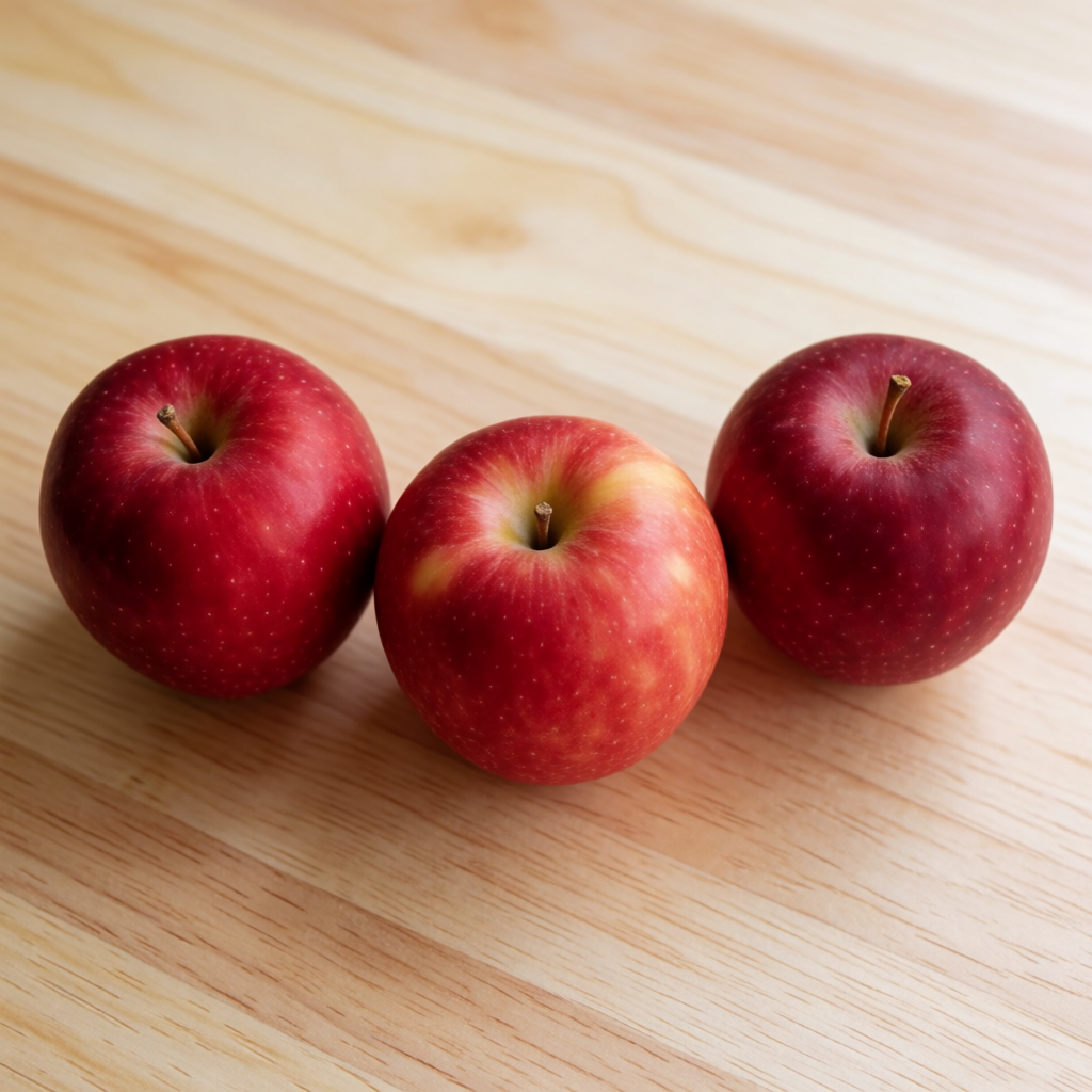 Exactly 3 red apples arranged on a wooden table