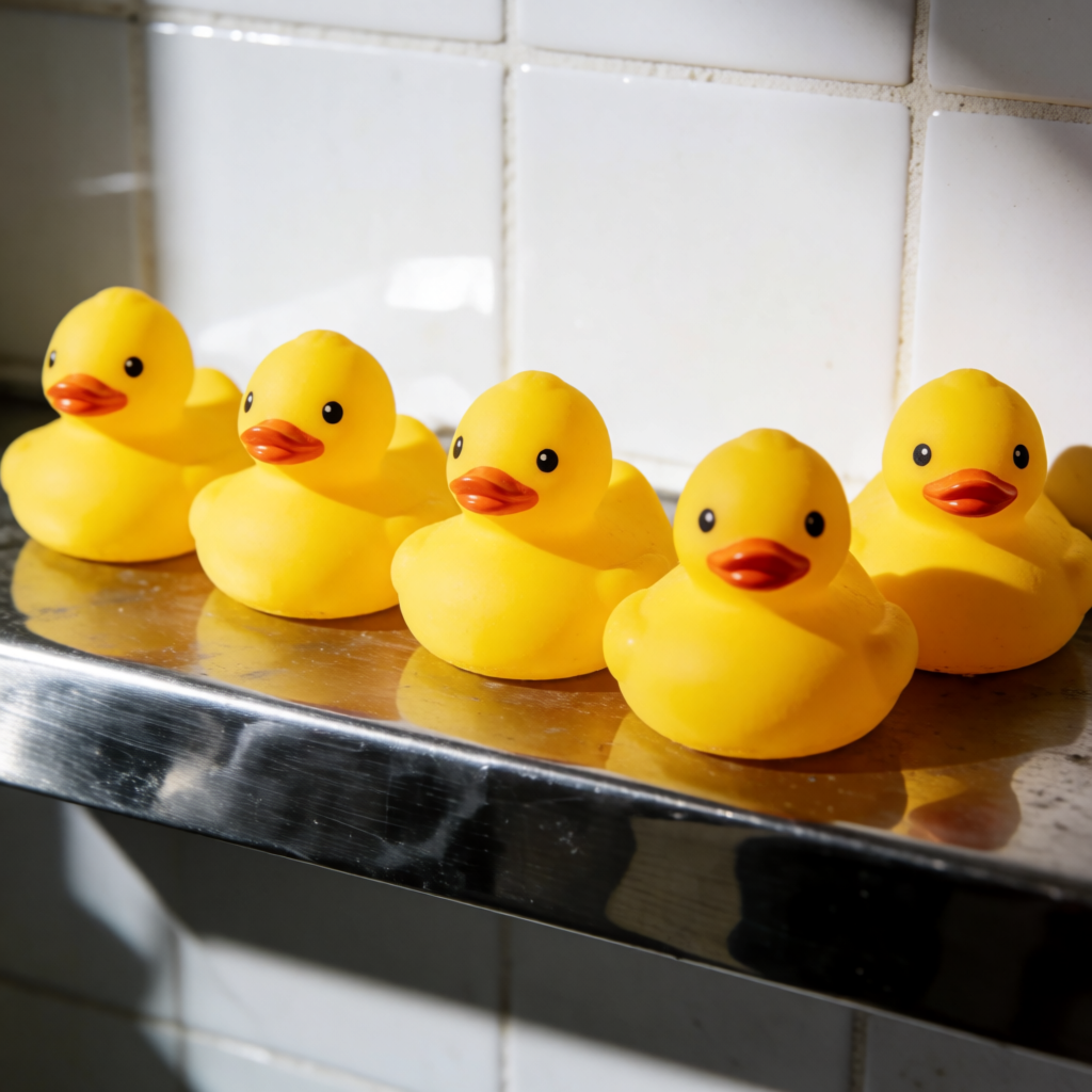 Exactly 5 yellow rubber ducks sitting in a row on a bathroom