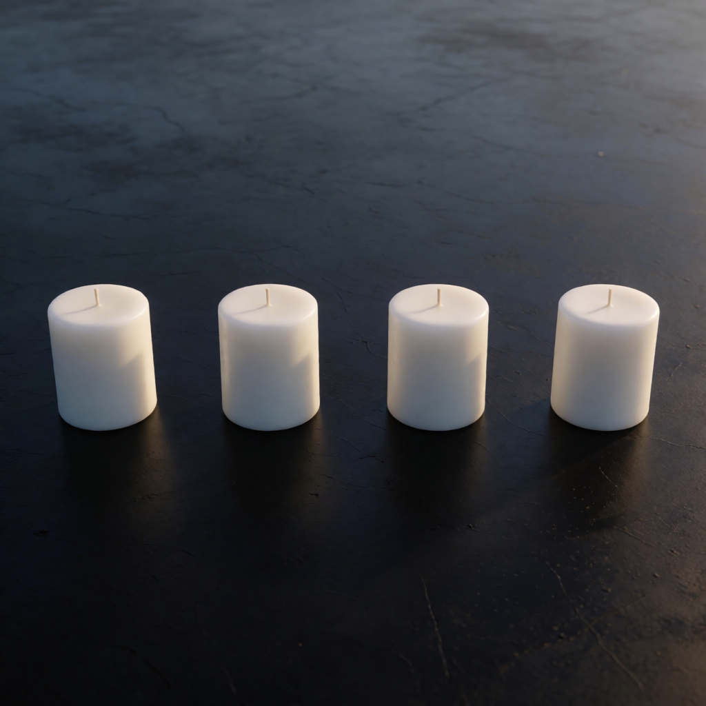 Exactly 4 white candles standing on a dark surface