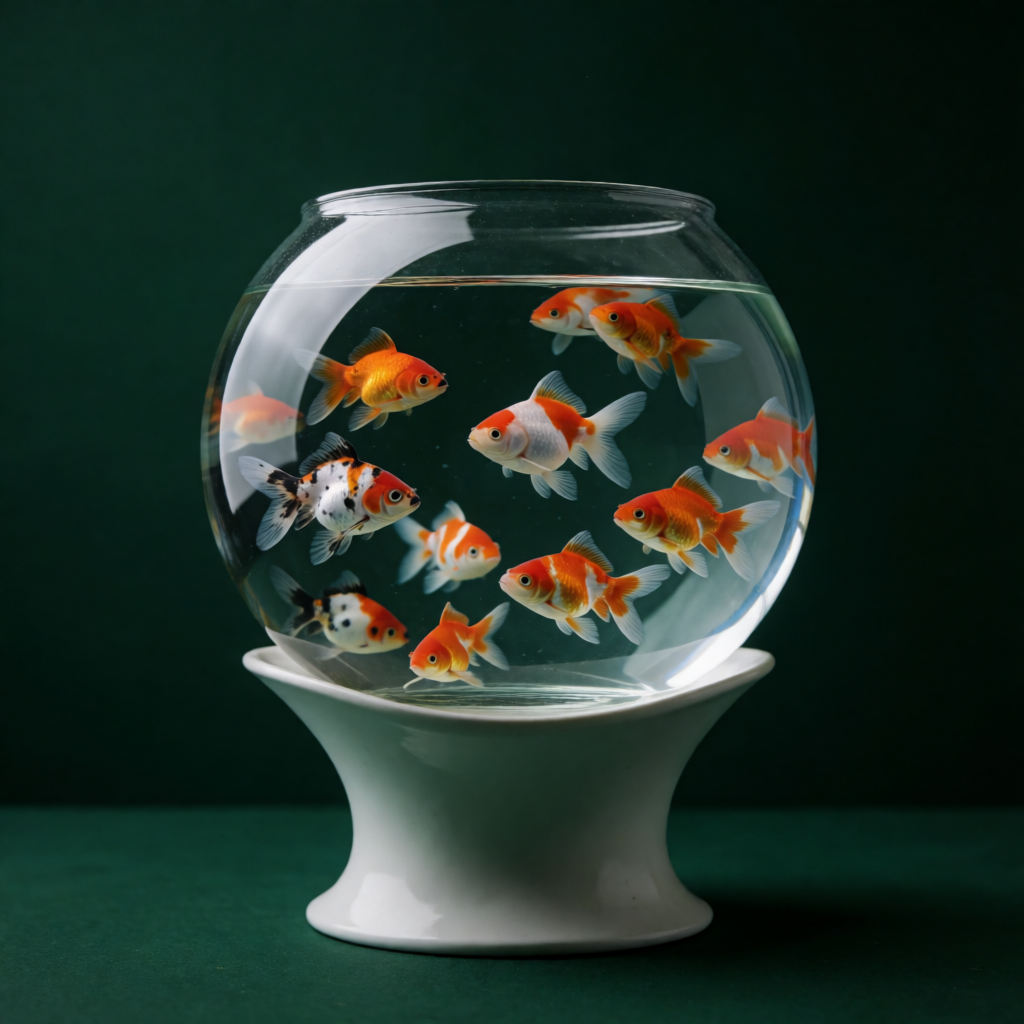 Exactly 9 goldfish swimming in a large round fishbowl