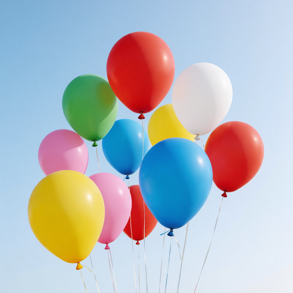 Exactly 11 colorful balloons floating against a clear blue s