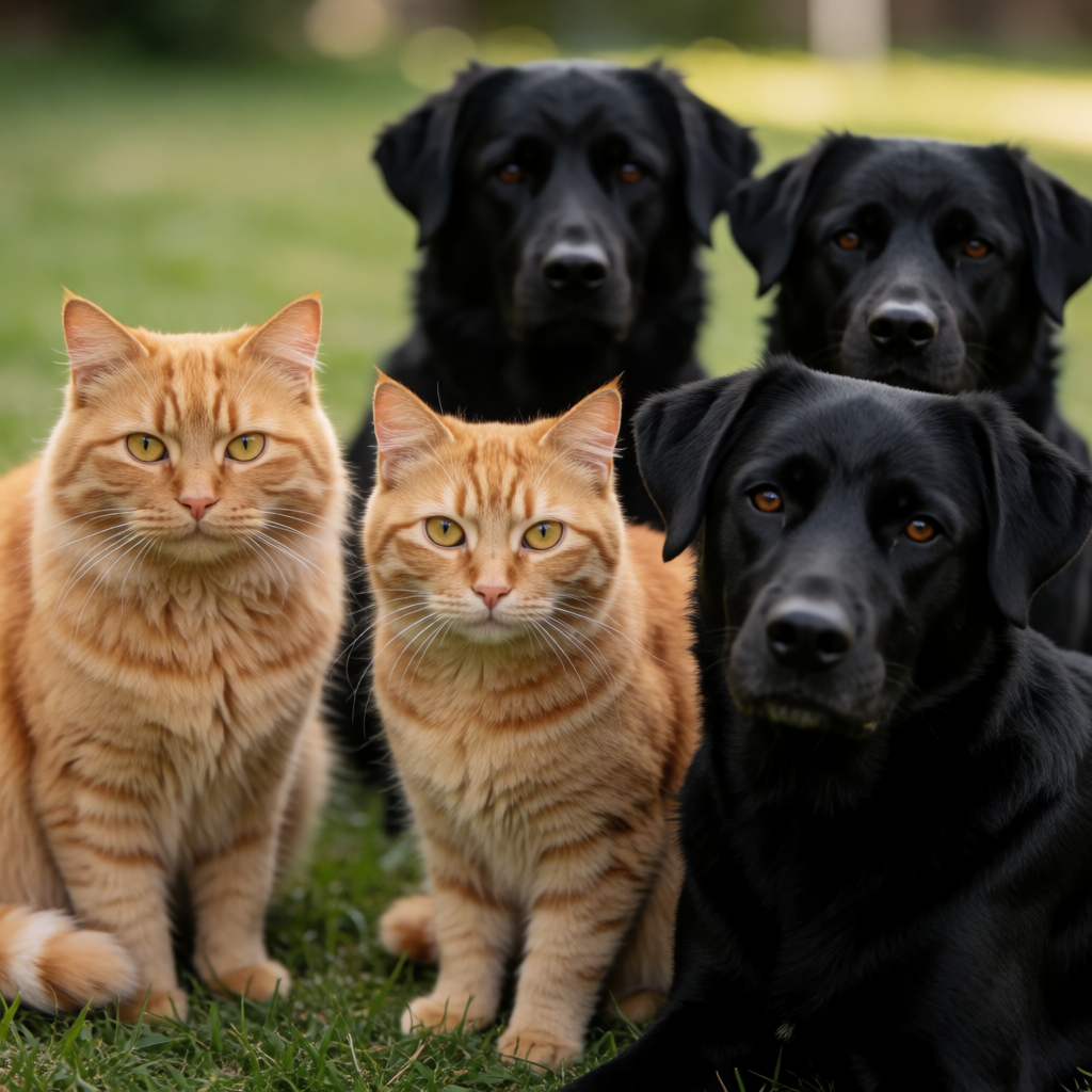 2 orange cats and 3 black dogs sitting together on a grassy 