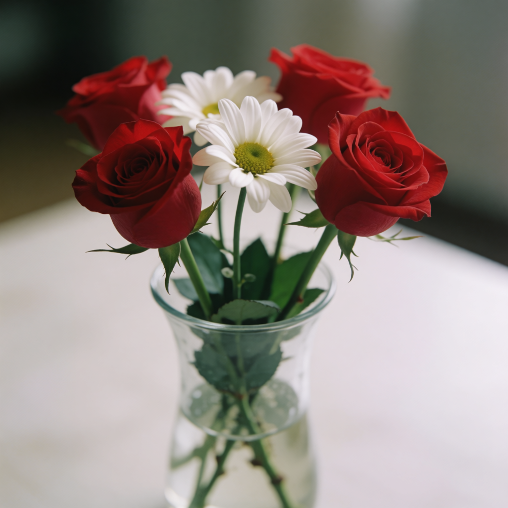 4 red roses and 2 white daisies in a glass vase on a table