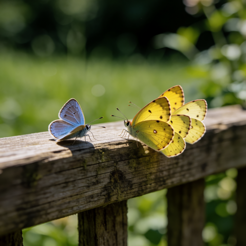 1 blue butterfly and 3 yellow butterflies resting on a garde
